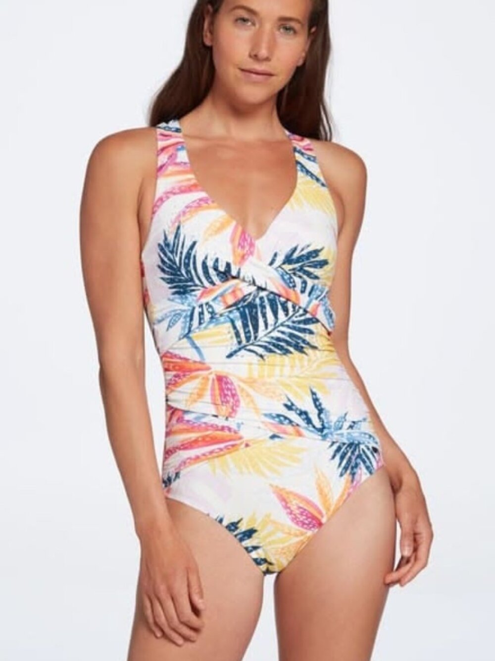 CALIA Women's Power Sculpt Wrapped One Piece Swimsuit in Watercolor Palms Size 8